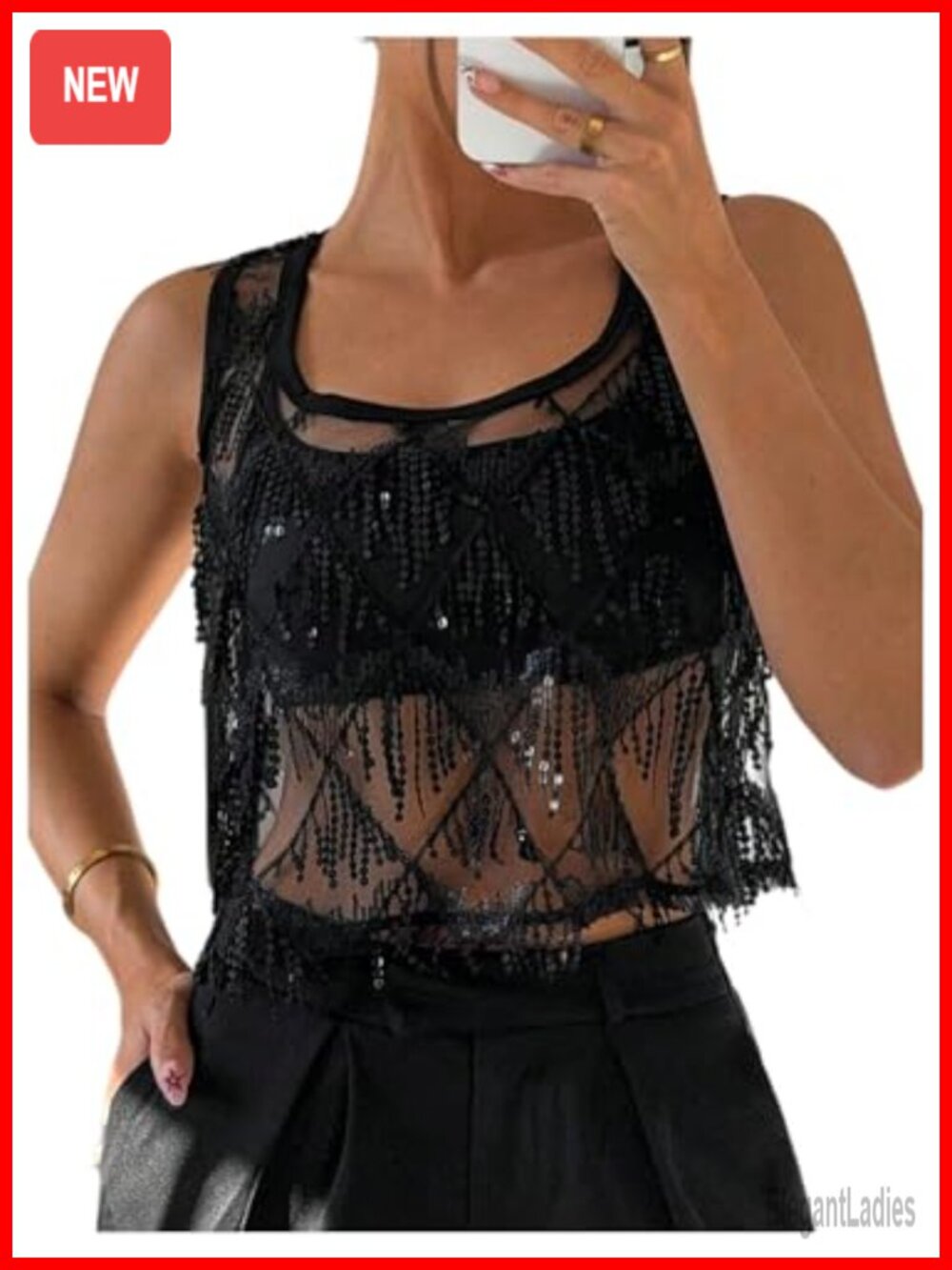 Sparkly Sequin Mesh Sheer Sleeveless Square Neck Party Club Tank Top